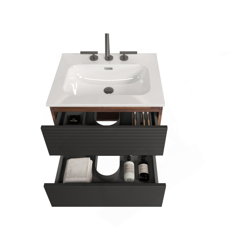24" Wall Mounted Soft Black & Walnut Bathroom Vanity With Integrated Ceramic Sink With Overflow, With 3 Holes, Large Storage Floating Bathroom Vanity For Modern Bathroom