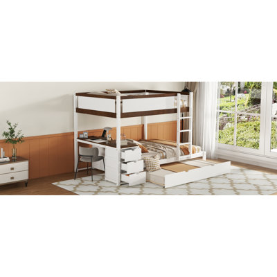 White+Walnut Bunk Bed With Twin Trundle, Desk For Bedroom Appeal Size Trundle In Functional And Ports