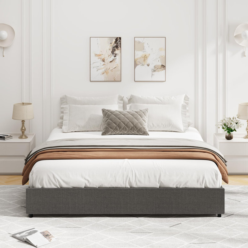 Structure de lit plateforme double, tissu rembourré avec 4 tiroirs de rangement, aucun sommier tapissier requis
