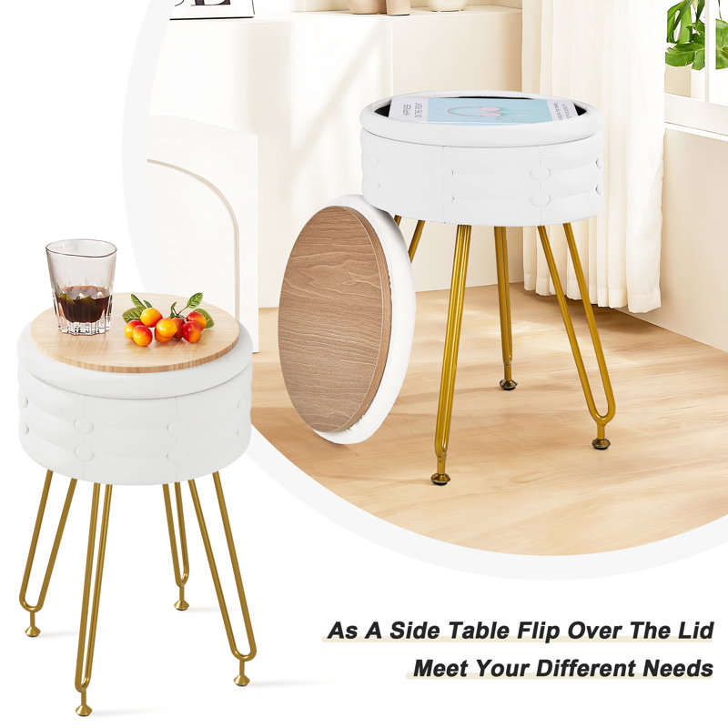 Round Storage Ottoman Vanity Stool Chair For Makeup Room,Bedroom,Living Room, White