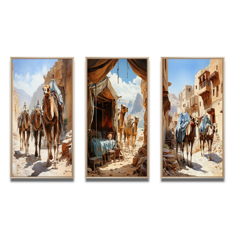 «Asian Art Silk Road», 3 pièces sur toile, Encadré naturel, H 20 po x l 36 po