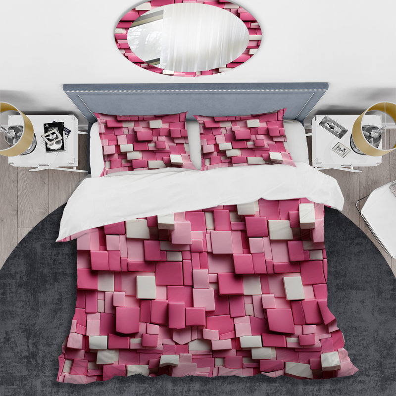 Literie rose et blanche Blockchain, Housse de couette pour grand lit et 2 taies décor