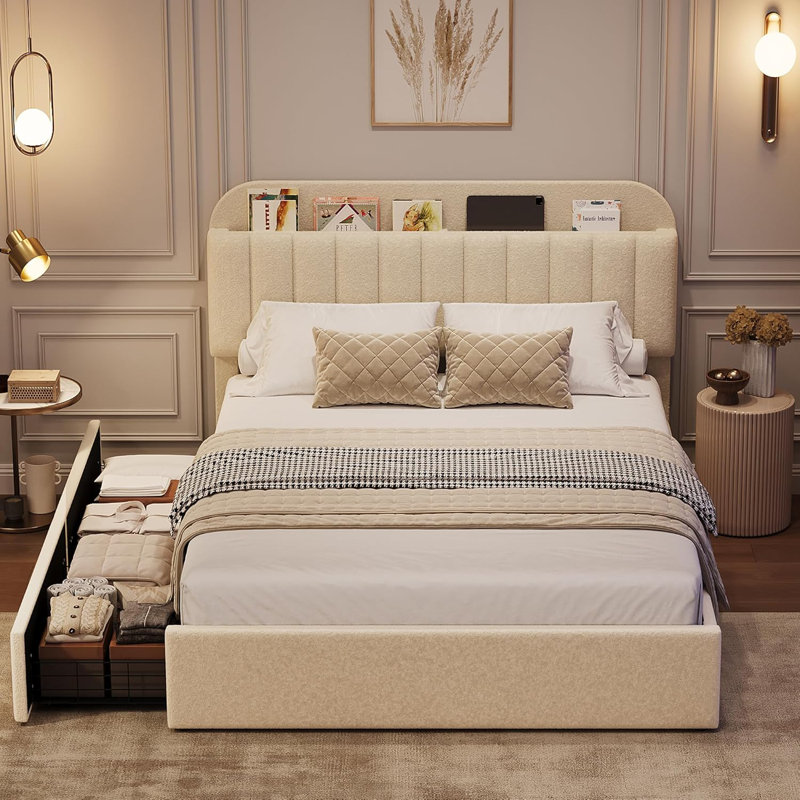 Bed Frame With Storage Headboard, Bed Frame With 2 Drawers, Beige, Full