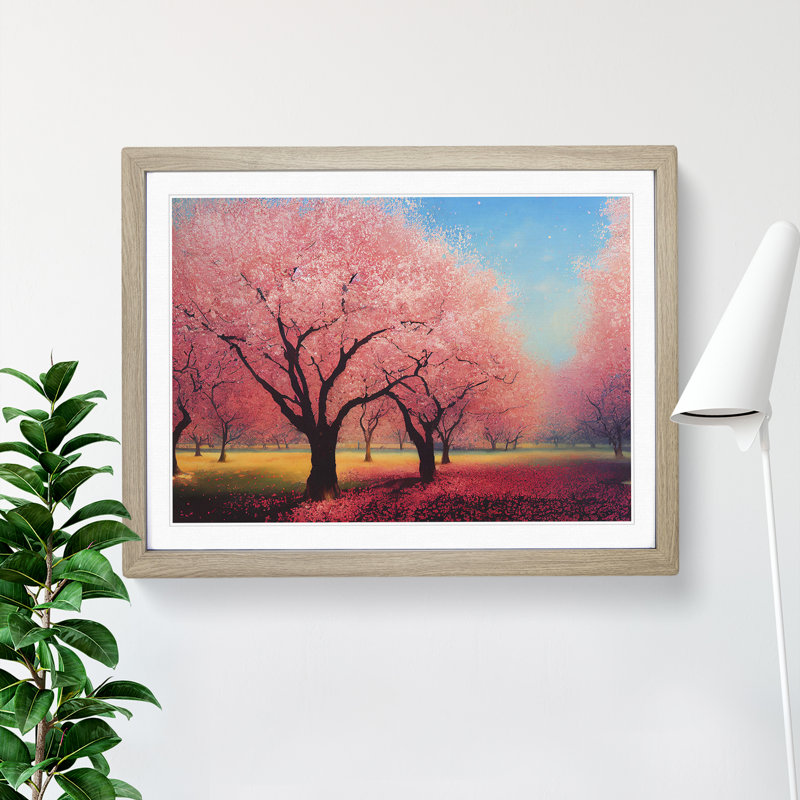 Bright Cherry Blossom Trees - Single Picture Frame Print, 46cm H x 64cm W x 2cm D, Oak Framed