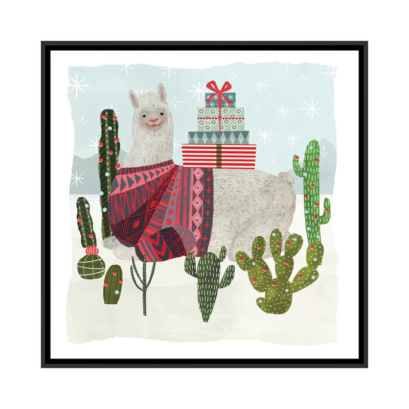 «Holiday Llama IV» par Victoria Borges, impression, H 18 po x l 18 po x P 1,5 po, Toile avec cadre noir