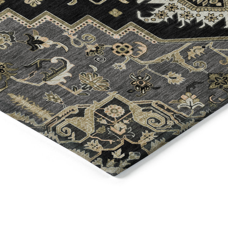 Tapis d'extérieur lavable 10 pi x 14 pi noir et gris oriental ivoire