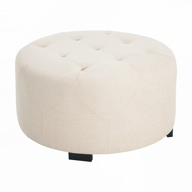Upholstered Button Tufted Round Ottoman, Beige Linen Blend