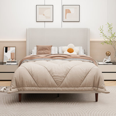 Queen Size High Headboard Upholstered Bed - Beige Chenille Cloth, 12-Slat Support, No Box Spring Needed