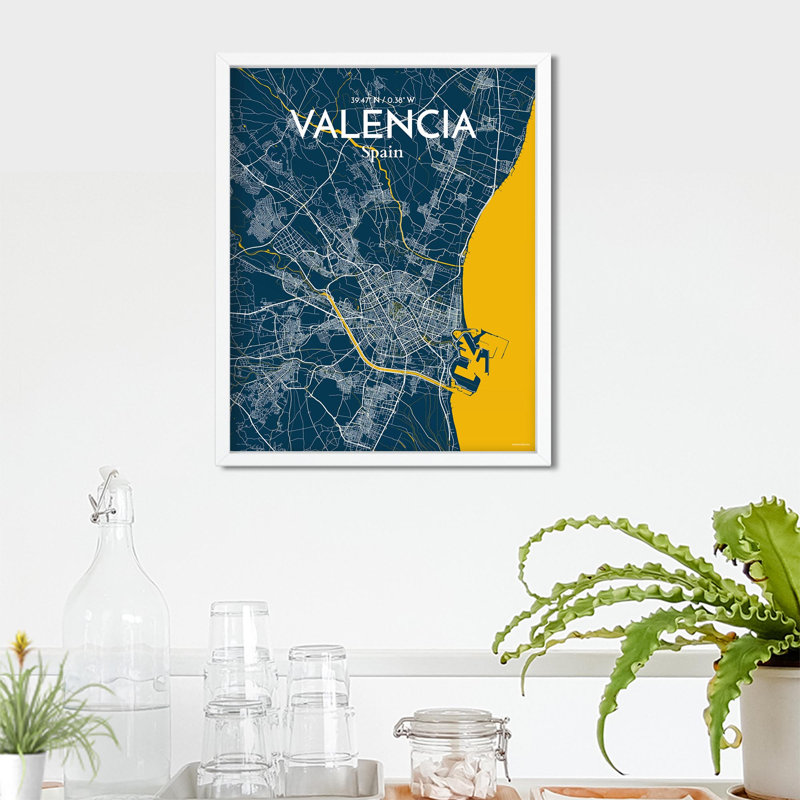 Valencia, carte de la ville, impression, H 20 po x l 16 po, Bleu / jaune