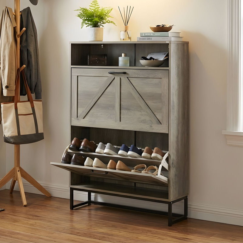 20 Pair Shoe Storage Cabinet, Brown Wood