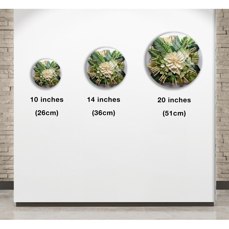 Horloge murale botanique en verre trempé, feuilles vertes et fleur blanche, horloge ronde, art mural moderne, horloge décorative, design minimaliste