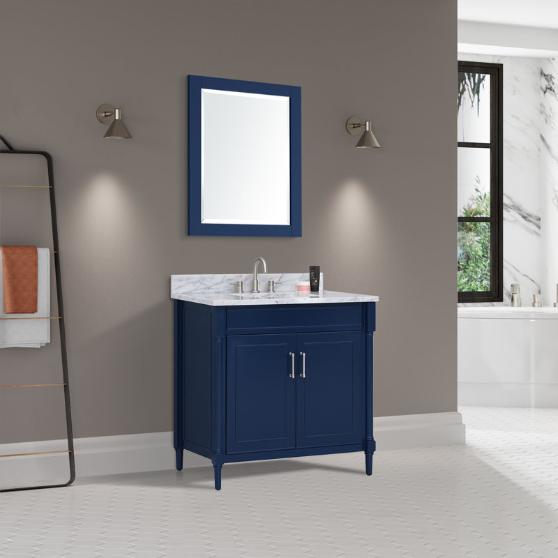 Navy Blue Single Bathroom Vanity with Carrara Marble Top