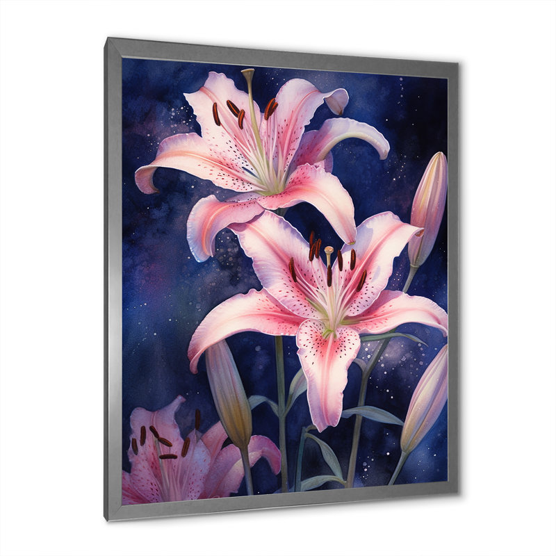 Pétales de lis roses et bleus sur toile, H 20 po x l 12 po x P 1 po, Cadre simple argenté
