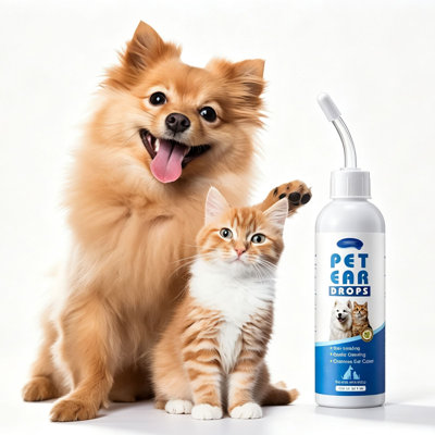 Vêtements en polyester pour animaux de compagnie. Gouttes auriculaires pour chats et chiens. Solution nettoyante douce et non irritante pour les oreilles. Nettoie le conduit auditif, élimine le cérumen et les odeurs. 120 ml.