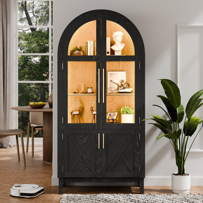 74.8" Tall Arched Storage Cabinet, 5-tier Arched Bookcase With Human Body Sensor, 3 Color Lights Display Cabinet With Glass Door For Living Room Offic by Latitude Run