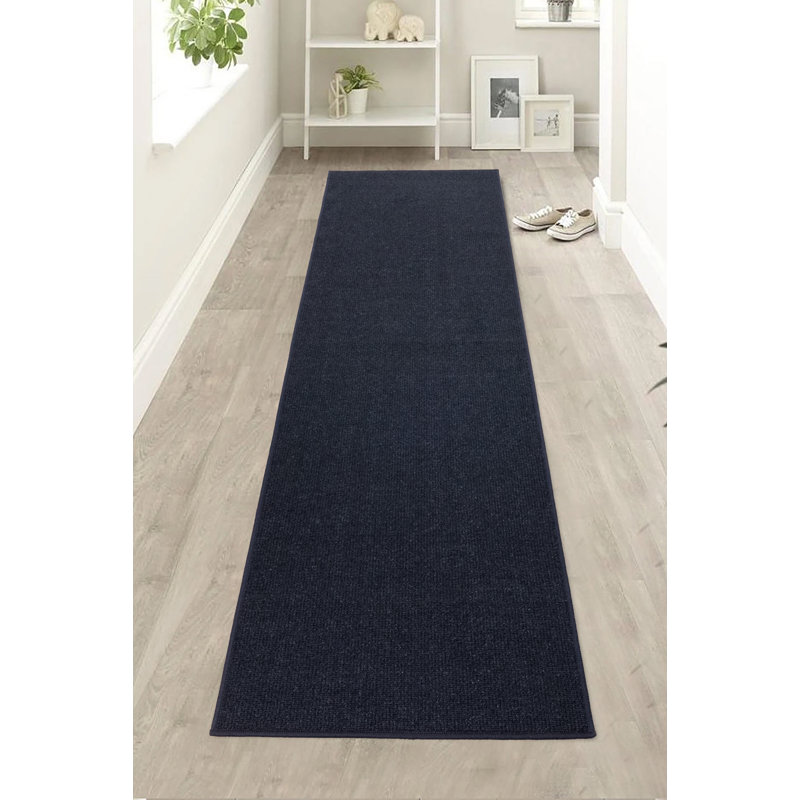 Berber Solid Navy Blue Low Pile Slip Resistant Rugs, Runner 2'2" x 13'