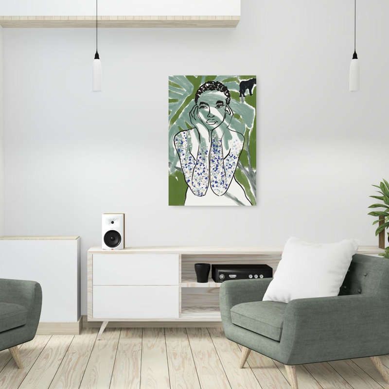 Pensive Jungle Woman Abstract Cat Forest Landscape Wall Art Print 1 Piece Wrapped Canvas Wall Art, 91.44cm H x 60.96cm W