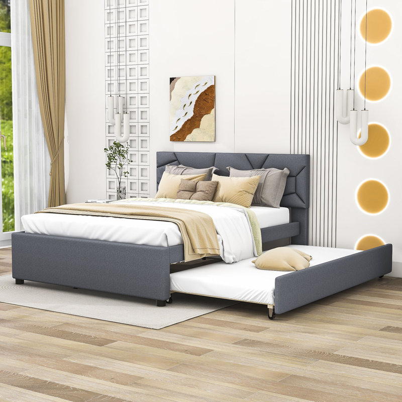 Wildo Linen Upholstered Platform Bed with Trundle And Headboard, Gray, Queen