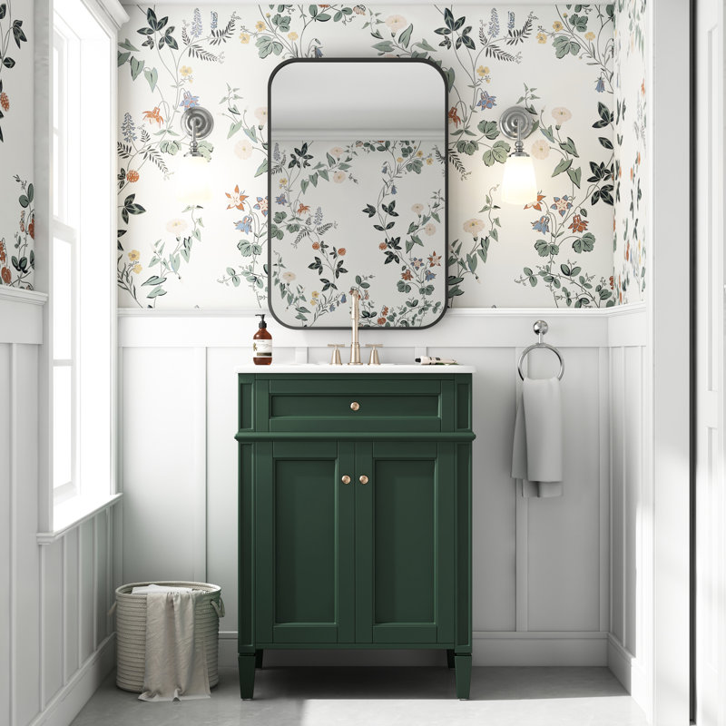 Meuble-lavabo de salle de bain 24 po avec 2 portes et tiroir, organisateurs de rangement intelligents, glissières de tiroir coulissantes, charnières à fermeture en douceur, convient aux portes de petits espaces, pieds en bois massif basculants, facile à nettoyer