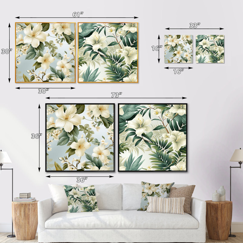 Dreen - Ensemble de 2 collages floraux carrés, H 16 po x l 33 po, Cadre flottant blanc