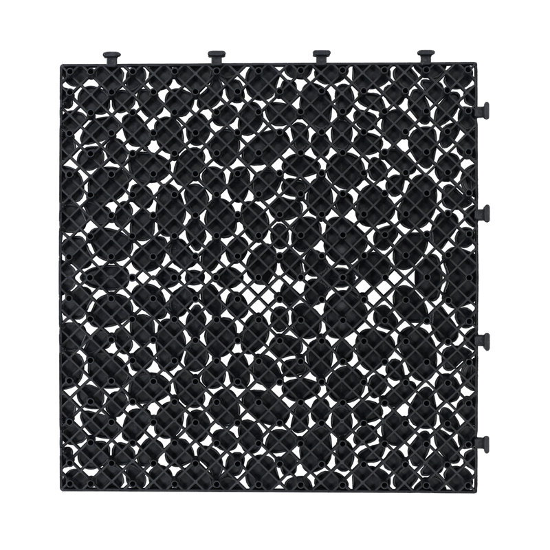 Carreaux de terrasse 12 po x 12 po en plastique noir à emboîtement, carreaux de sol antidérapants et imperméables pour la douche dans la salle de bain, motif de galets, capacité de charge de 440 lb, paquet de 60