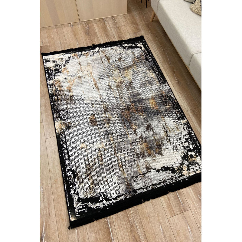 Tapis noir et blanc lavable, Rectangle 3 pi 11 po x 5 pi 11 po
