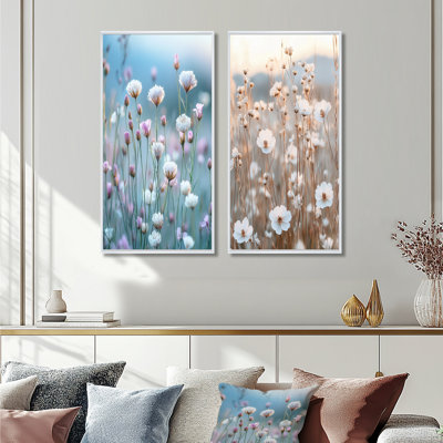 Blue And Pink Farm Flwoers Soft Focus Fields I - Farmhouse Wall Art 2 Pieces Set