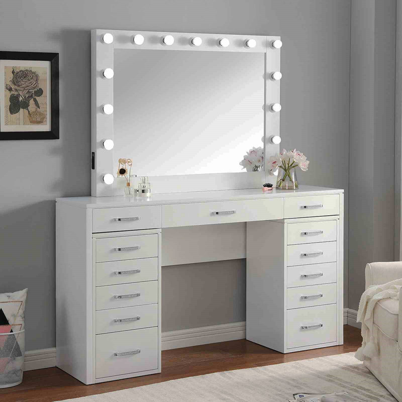 Glam Style 1Pc Vanity Set Multiple Drawer Cabinets 15Pcs Bulbs USB Charger White Finish Bedroom Furniture Stool Not Included
