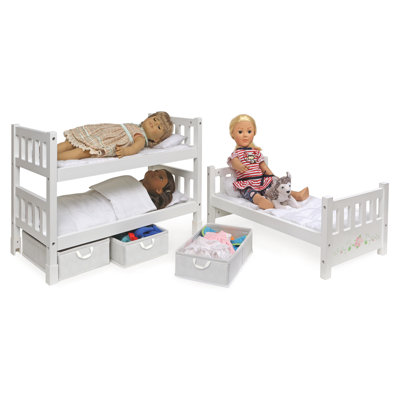 1-2-3 Convertible Doll Bunk Bed with Bedding, Baskets, and Free Personalization Kit