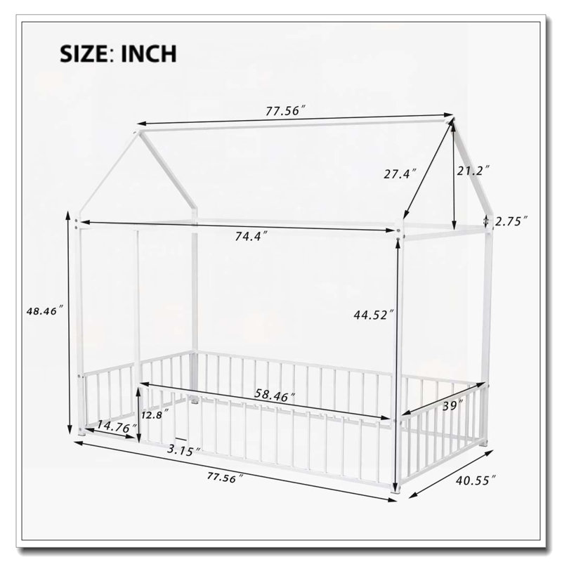 Metal Bed House Bed Frame with Fence, Twin, White