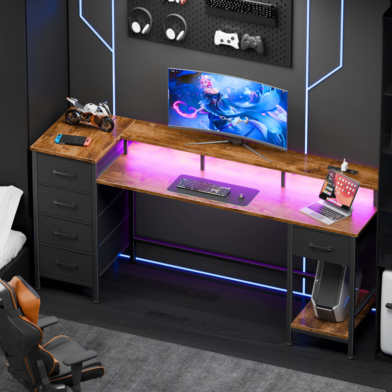 Computer Desk with Monitor Stand & Charging Station, Gaming Desk with LED Lights & Drawers, 29.8" H x 61" W x 18.8" D