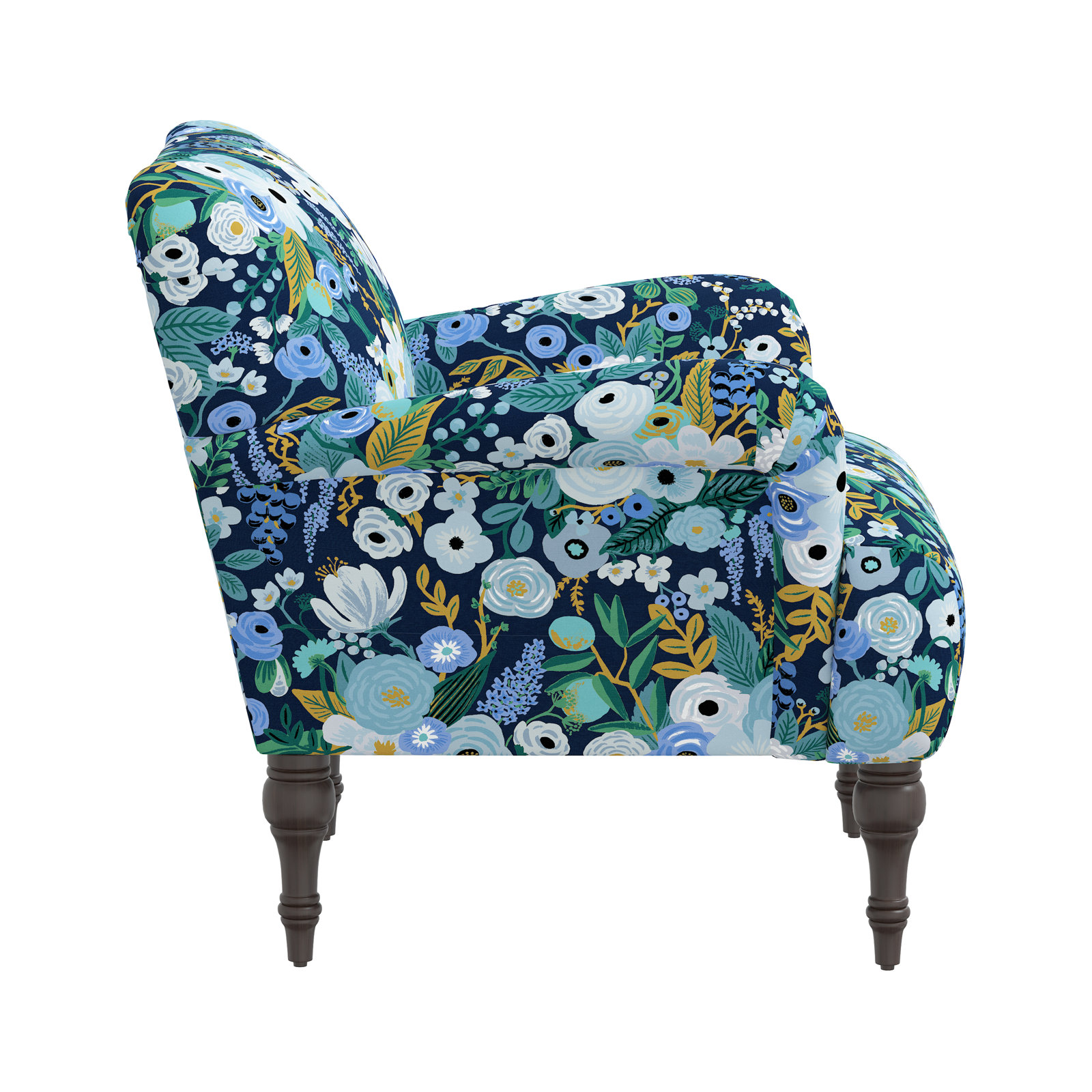 Rifle Paper Co. x Cloth & Company Bristol Armchair, Blue Garden PartyLinen Blend, Espresso