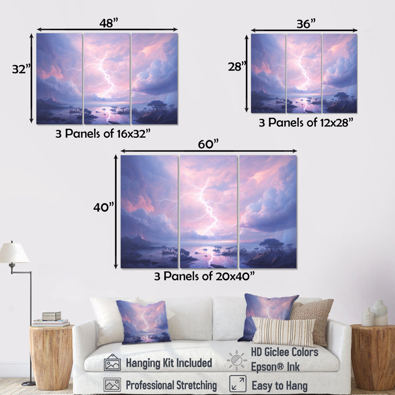 Kawaii Lightning Landscape - Lightning, ensemble d'art mural sur toile, Toile tendue, H 40 po x l 60 po x P 1 po