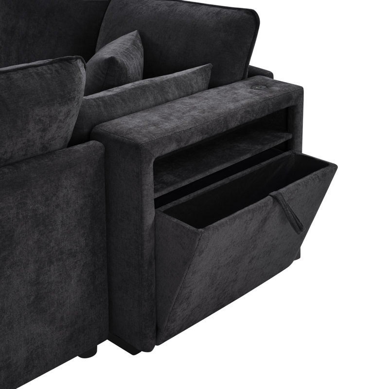 Canapé modulaire polyvalent moderne, revêtement en chenille noir avec rangement