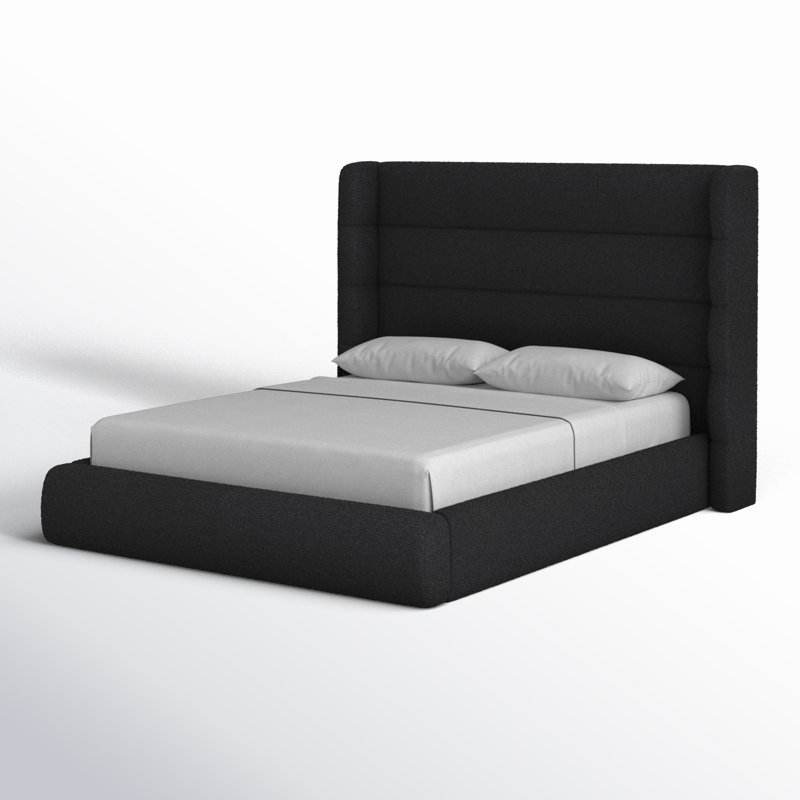 Upholstered Platform Bed, Full / Double, Black Boucle