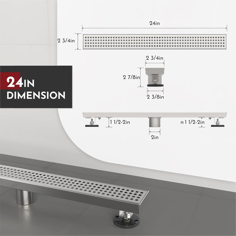 24-Inch Linear Shower Drain, Square Hole Pattern Grate, Chrome