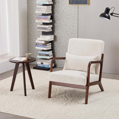 Ensemble de chaise basse et de table basse en polyester rembourré de style Mid-Century moderne, structure en bois d'hévéa massif, beige doux