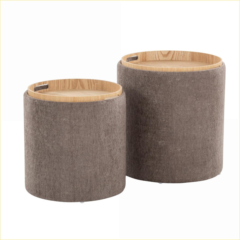 Ensemble de 2 repose-pieds Ottomans par LumiSource, gigogne contemporaine avec rangement sur plateau | Tissu noyer brun, Brun