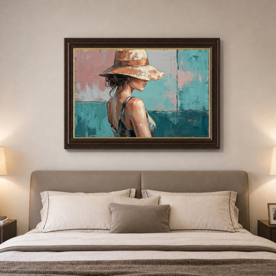Femme au chapeau avec art abstrait bleu sarcelle et rose sur toile