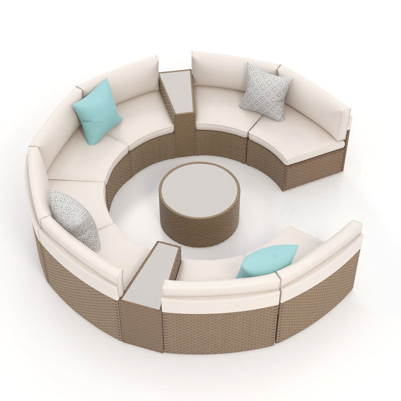 11 Piece 8 Person Outdoor Wicker Conversation Set With Cushions & Toss Pillow, Beige Frame/Beige Cushion 