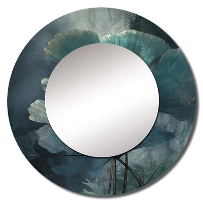 Glenink Tropical Palm Leaves Ginkgo I - miroir vert, miroir mural décoratif rond traditionnel, impression d'art en métal