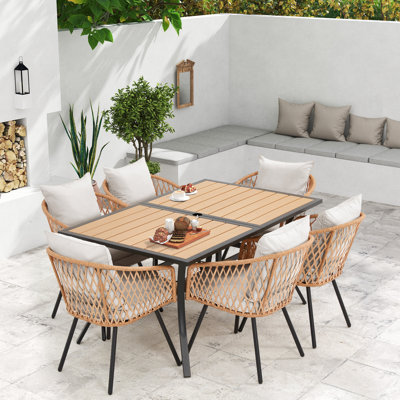 7-Piece Outdoor Dining Set With 6 Rattan Chairs, All-Weather Patio Table & Chairs For Backyard, Garden, Poolside