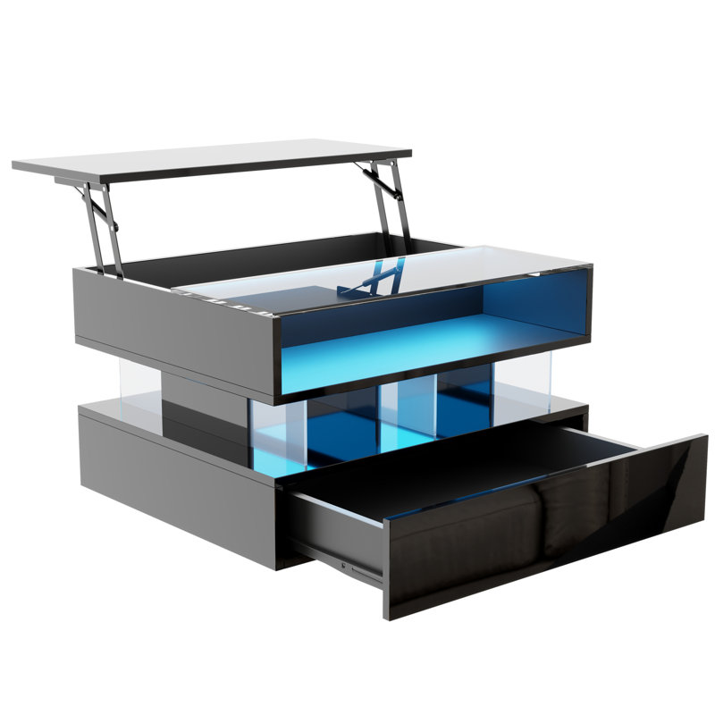 High-gloss Coffee Table With Led Lighting, Tempered Glass Top & Storage Drawer - Versatile Side Table, Black
