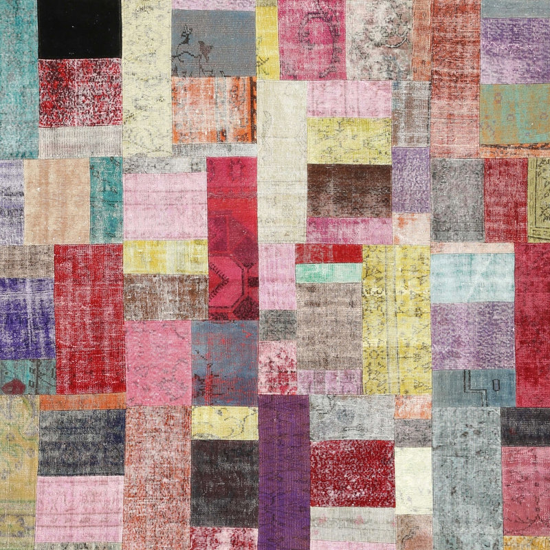 Tapis rouge/brun/bleu zone contemporaine, Carré 4 pi