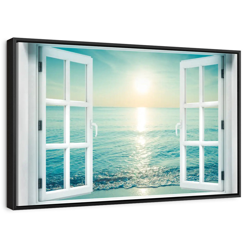 Fenêtre sur le paysage marin, Cadre flottant noir, 13 po x 9 po