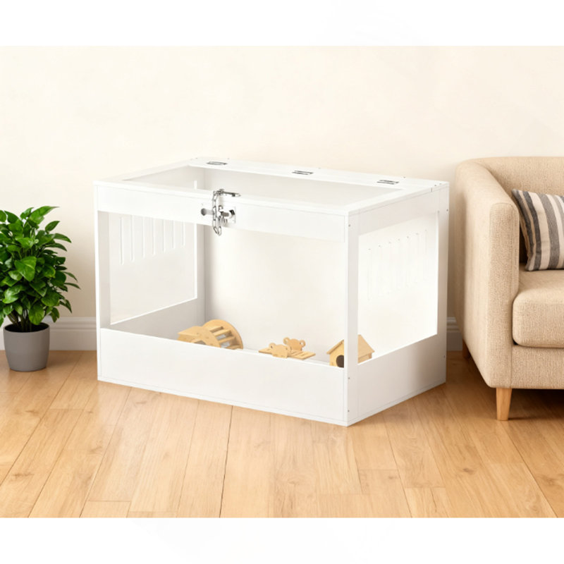 Cage pour animal de compagnie avec couvercle ouvert et serrure, cabane, accessoires, blanc