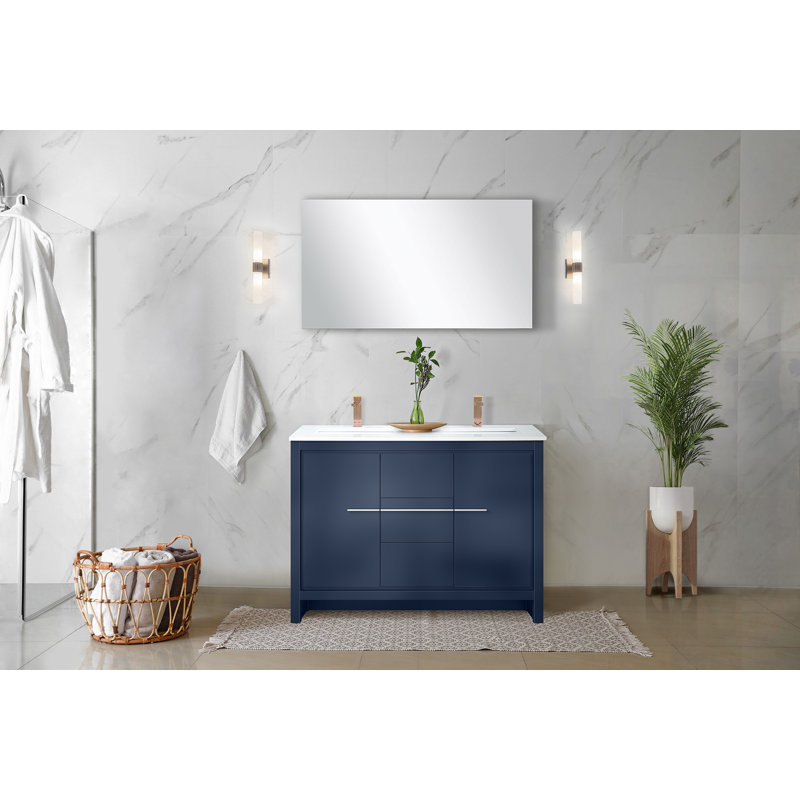 Lafarre 48 in W x 20 in D Double Bath Vanity Mirror & Faucet Set, White Cultured Marble, Navy Blue