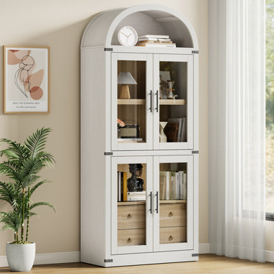 White Arched Storage Cabinet, Tall Display Cabinet with Glass Doors and 4 Drawers, Wooden Bookcase with Open Shelf, Freestanding Kitchen Pantry Cabinet for Living Room Bedroom