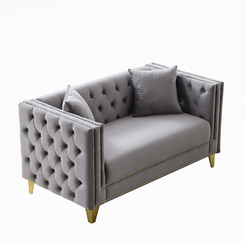Chesterfield Velvet Sofa with Deep Seating Button Tufting and Nailhead Accents for Elegant Living Spaces, Gray