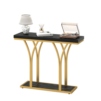 Faux Marble Console Table with Gold Metal Frame for Entryway or Living Room